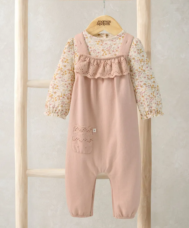 Mamas & Papas Broderie Dungarees and Bodysuit Outfit Set