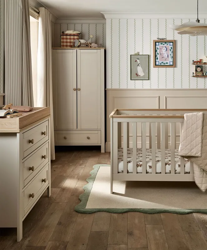 Mamas & Papas Wedmore 3 Piece Cotbed Range with Dresser Changer & Wardrobe - Cashmere/Oak