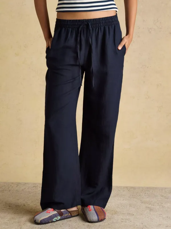 Joules Relaxed Wide Leg Linen Blend Trousers, Navy