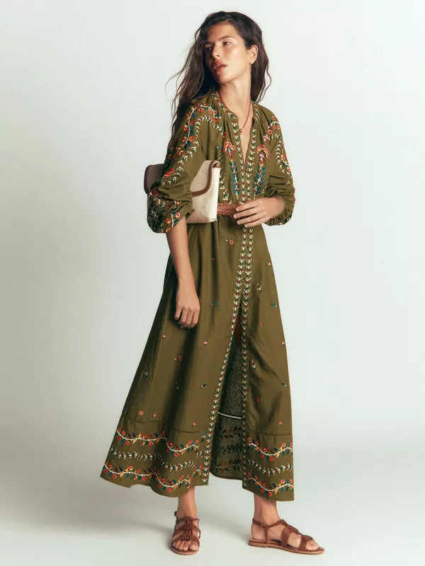 Boden Embroidered Linen Blend Floral Shirt Dress, Green/Multi