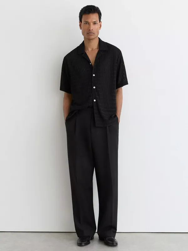 Reiss Sid Chevron Crochet Short Sleeve Cuban Collar Shirt, Black