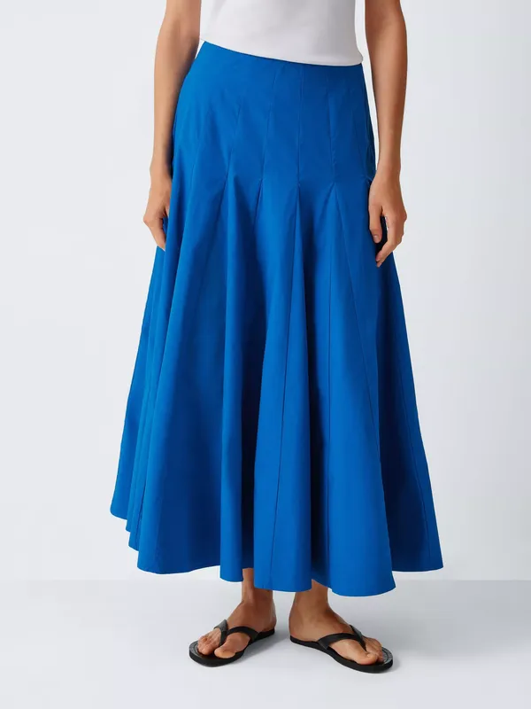 John Lewis Godet Pleated Cotton Full Midi Skirt, Blue