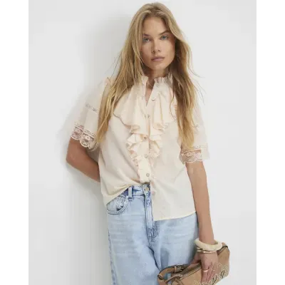 Pink Short Sleeve Ruffle Blouse