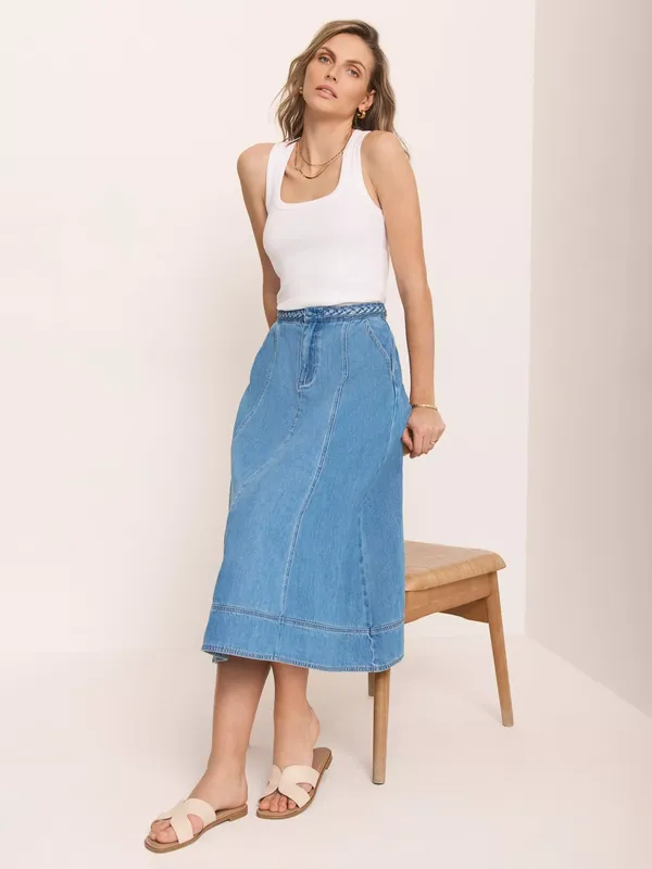 Mint Velvet Denim Midi Skirt, Blue
