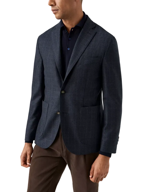 Eton Prince of Wales Check Wool Soft Jacket, Navy Blue