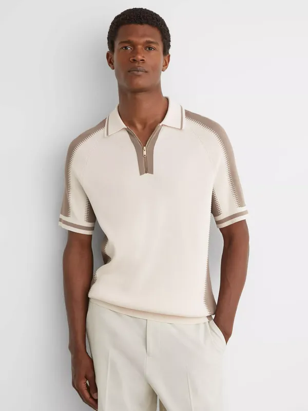 Reiss Elmers Colour Block Half Zip Short Sleeve Knit Polo Shirt