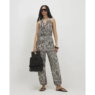 Beige Zebra Textured Halter Jumpsuit