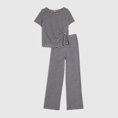 Girls Navy Short Sleeve Stripe Trousers Set