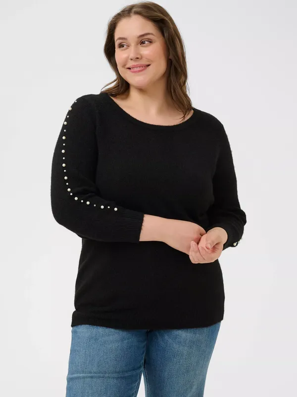 KAFFE Curve Letty Embellished Sleeve Jumper, Black Deep