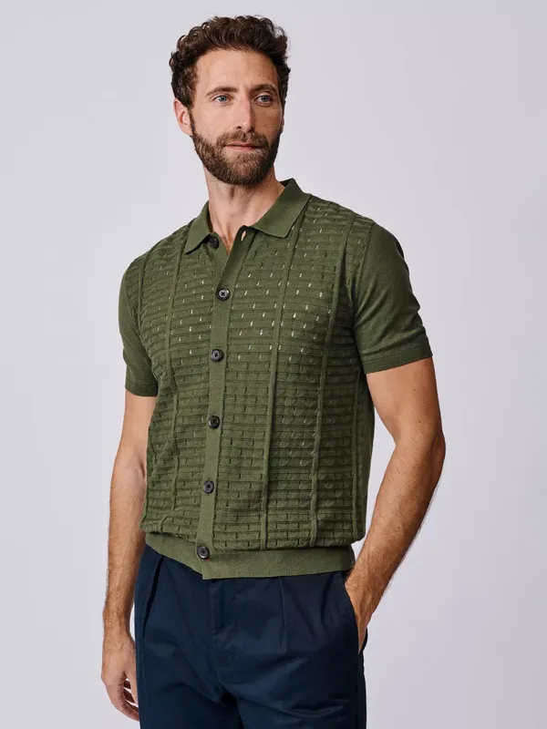 Aubin Manor Textured Cotton Knit Button Through Short Sleeve Polo Shirt, Khaki
