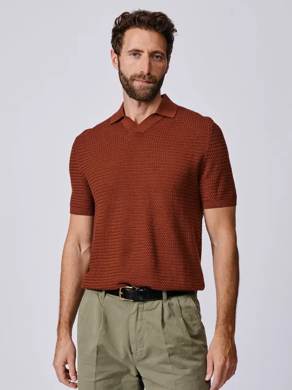 Aubin Alford Textured Cotton Knit Short Sleeve Polo Shirt, Rust