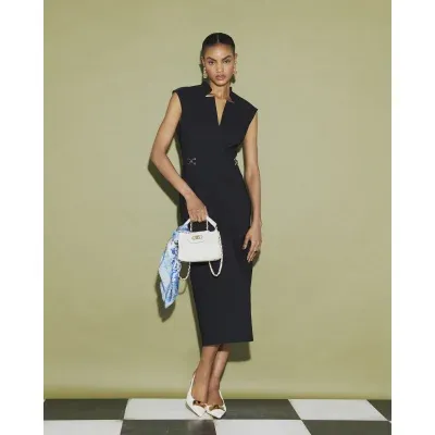 Black Notch Neck Snaffle Midi Dress