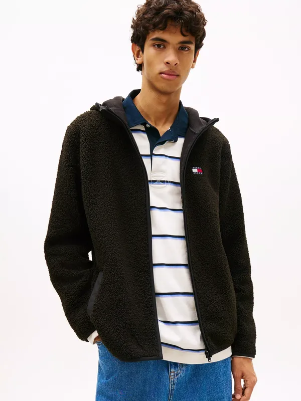 Tommy Jeans Teddy Fleece Zip-Through Hoodie, Black Allover