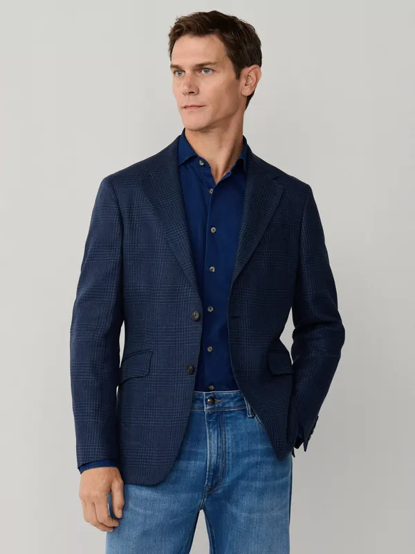 Hackett London Heritage Linen Blend Half-Lined Ascot Block Blazer, Naval Blue
