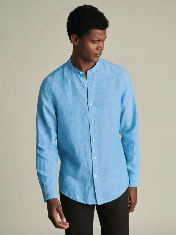 Charles Tyrwhitt Pure Linen Long Sleeve Collarless Shirt, Ocean Blue