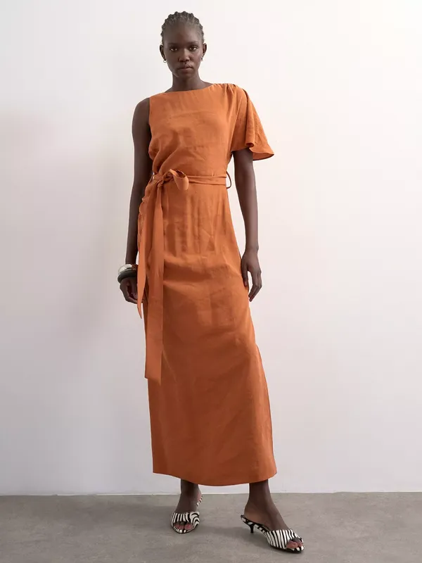 Topshop Tie Waist Asymmetric Sleeve Maxi Dress