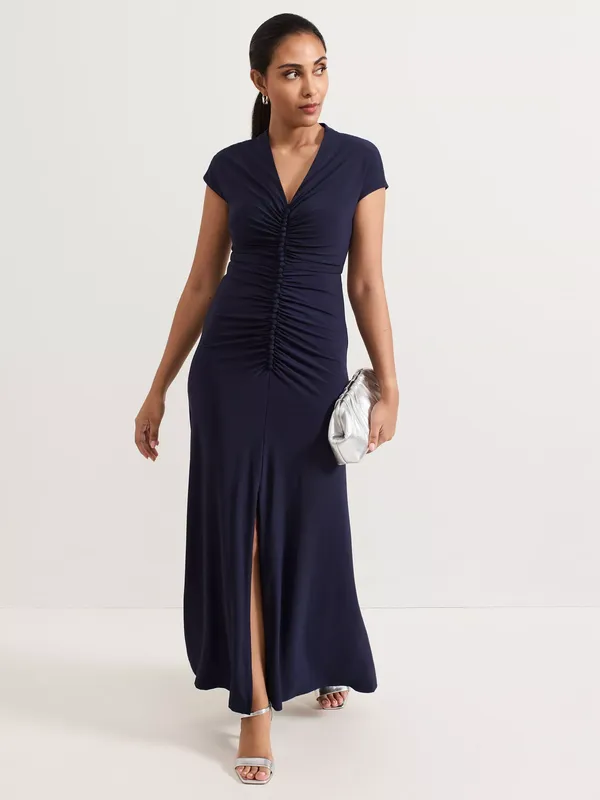 Phase Eight Petite Daisy Ruched Maxi Dress, Navy