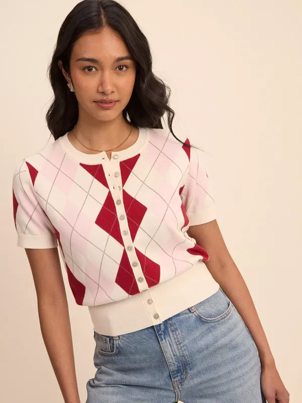 Nobody's Child Argyle Short Sleeve Pure Cotton Cardigan, Cream/Pink/Red