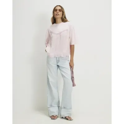 Pink Short Sleeve Lace Front T-Shirt