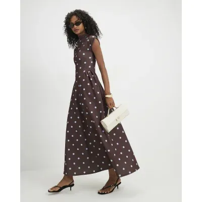 Brown Short Sleeve Polka Dot Midi Maxi Dress