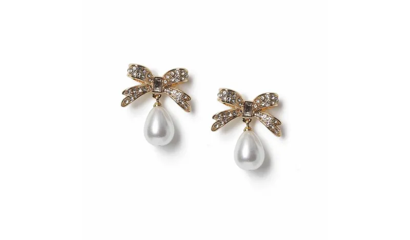Freedom Gold Tone Rhinestone Bow and Pearl Drop Earrings