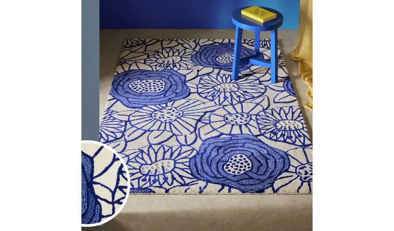 Habitat Scandi Floral Blue Wool Rug