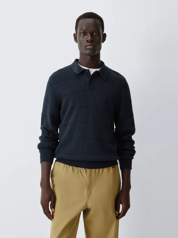 Kin Long Sleeve Textured Cotton Knit Polo Shirt