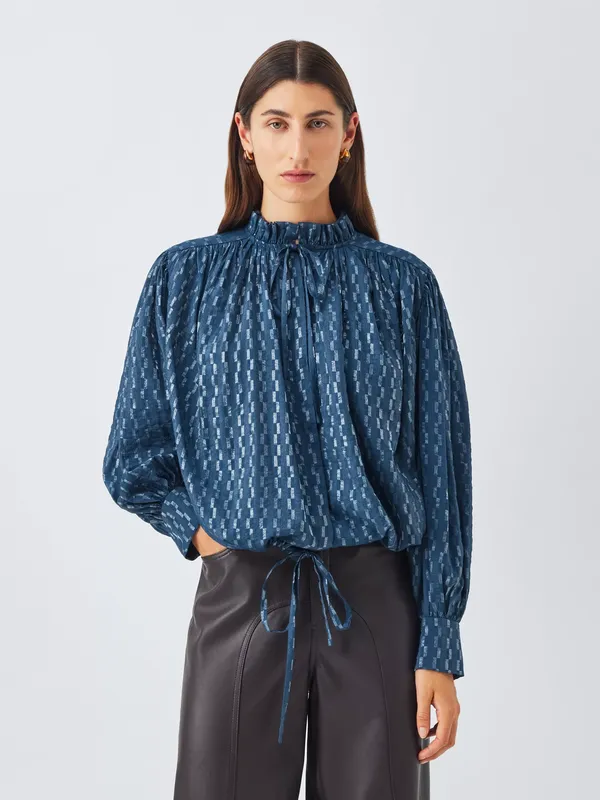 AND/OR Boho Tie Neck Blouse, Navy