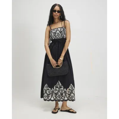 Black Cotton Cutwork Lace Midi Dress