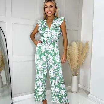 AX Paris Green Printed Wrap Front Frill Sleeve Belted Jumpsuit