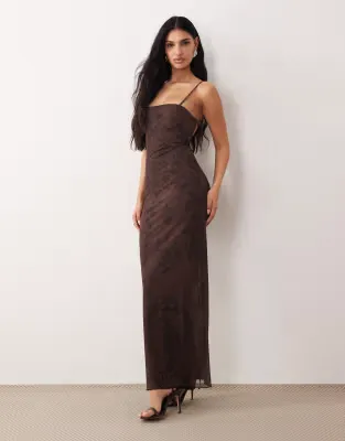 printed mesh strappy maxi dress in paisley print