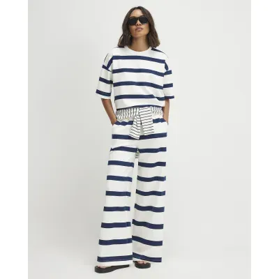Cream Premium Striped Wide Leg Joggers
