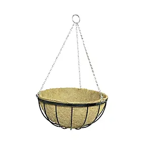 Panacea Classic flat iron appearance Black Round Coco liner & metal frame Hanging basket, 40cm