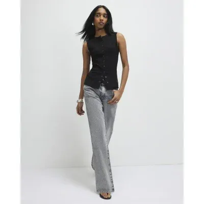 Black Cotton Blend Popper Tank Top
