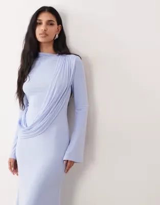 mesh draped high neck long sleeve maxi dress in blue
