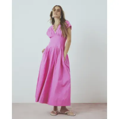Pink Cotton Pleated Waist Midi Dress