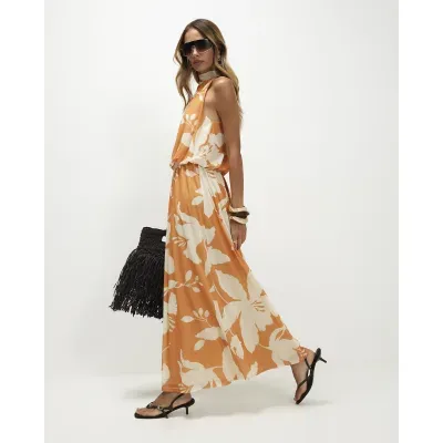 Orange Floral Print Halter Neck Dress