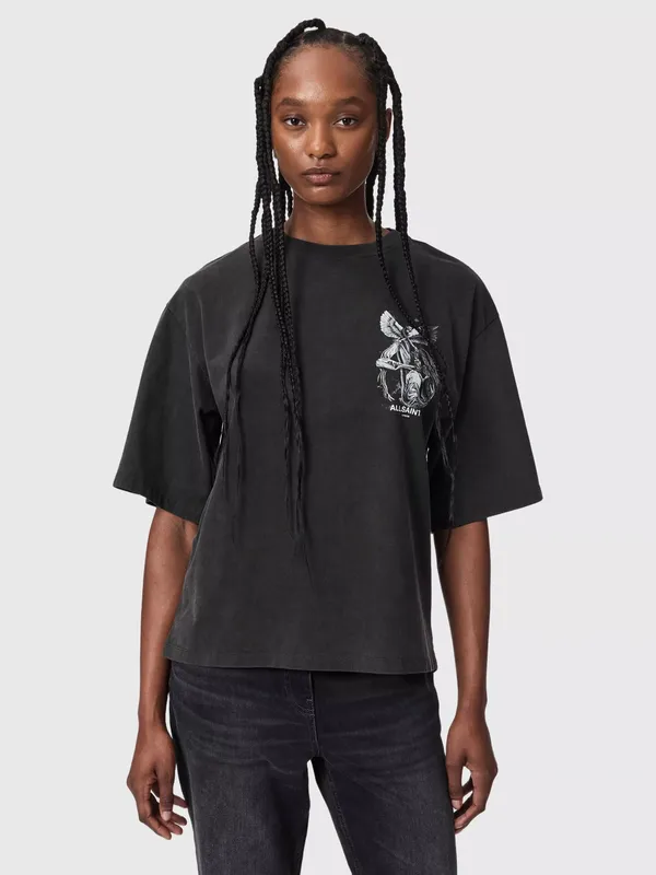 AllSaints Seraph Amelie Cotton Graphic Crew Neck T-Shirt, Washed Black