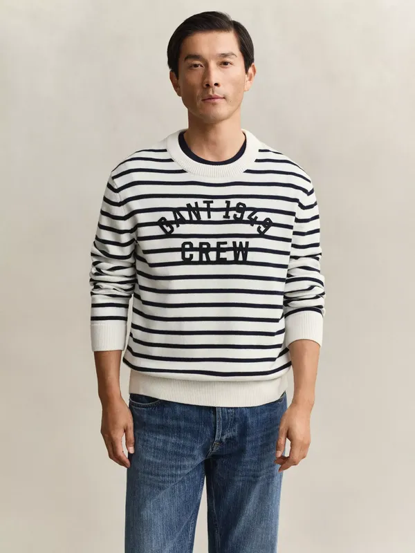 GANT Cotton Stripe Graphic Crew Neck Jumper, Eggshell
