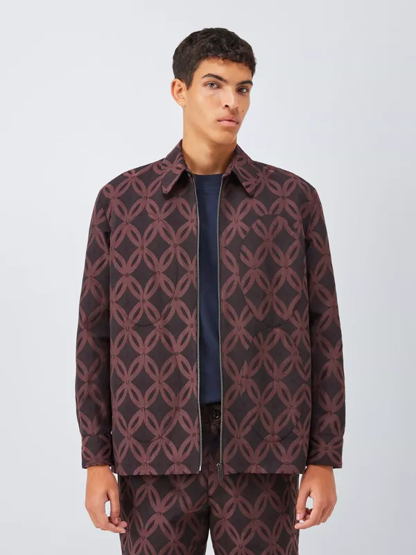 John Lewis x LABRUM Applique Geometric Print Cotton Blend Zip Through Shirt, Bitter Chocolate