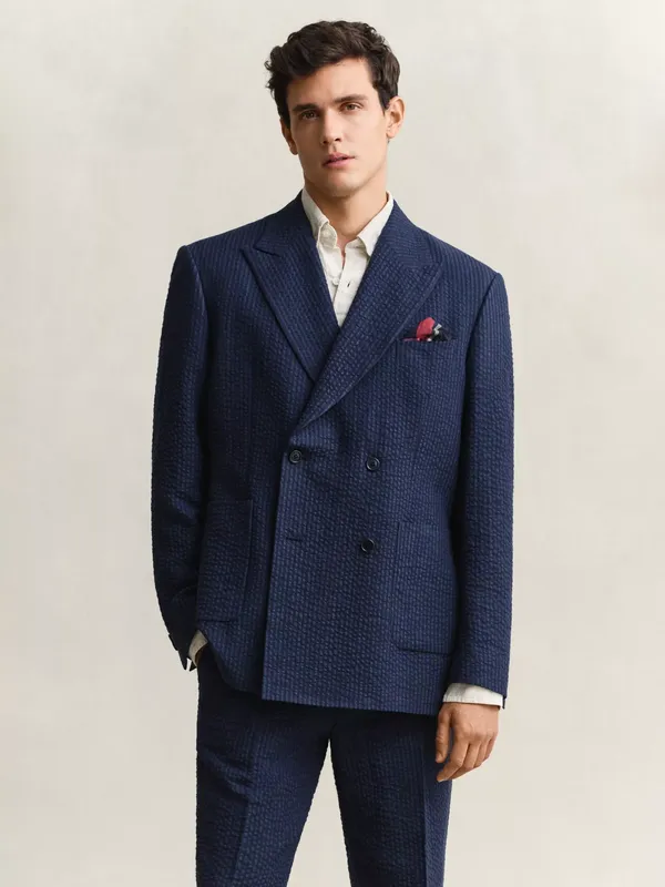 GANT Linen Blend Double Breasted Suit Jacket, Mid Blue
