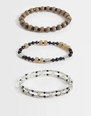 3 pack beaded and stretch link bracelets in grey