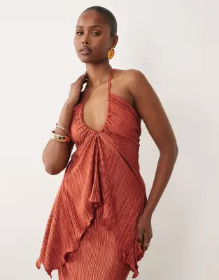 co-ord plisse floaty bandeau halter top in rust