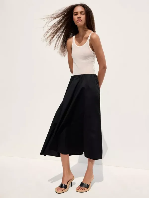 Mango Mid Rise A-Line Cotton Midi Skirt, Black