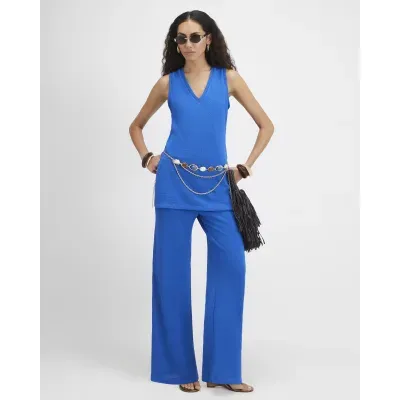 Blue Knit Wide Leg Trousers