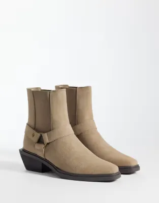 cuban heeled chelsea boot with buckle detail in taupe