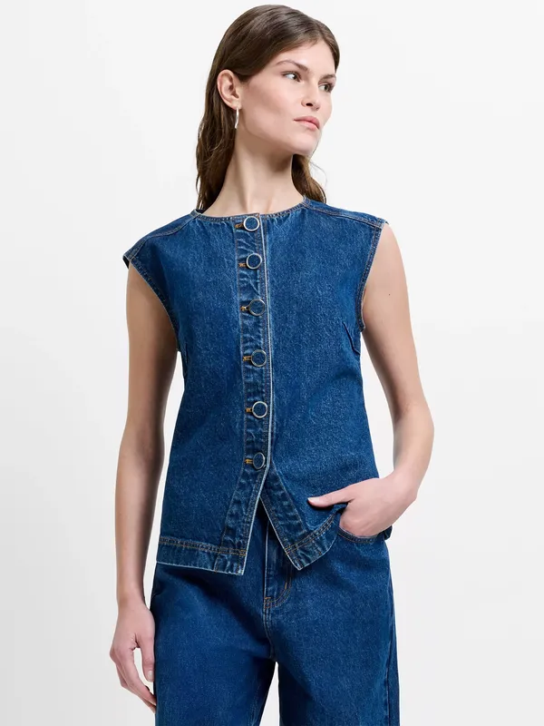French Connection Dallas Denim Waistcoat, Blue Indigo