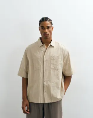 boxy oversized revere stripe shirt in beige