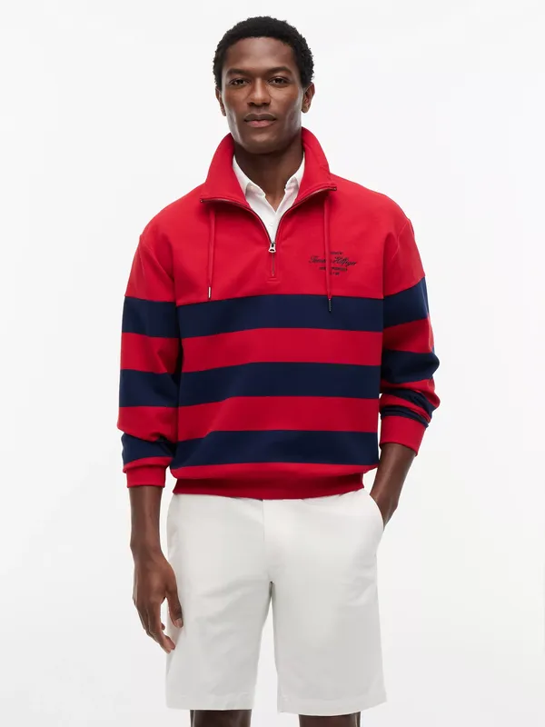 Tommy Hilfiger Block Striped Quarter Zip Jumper, Red