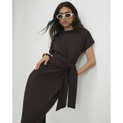 Brown Premium Tie Side Midi Dress